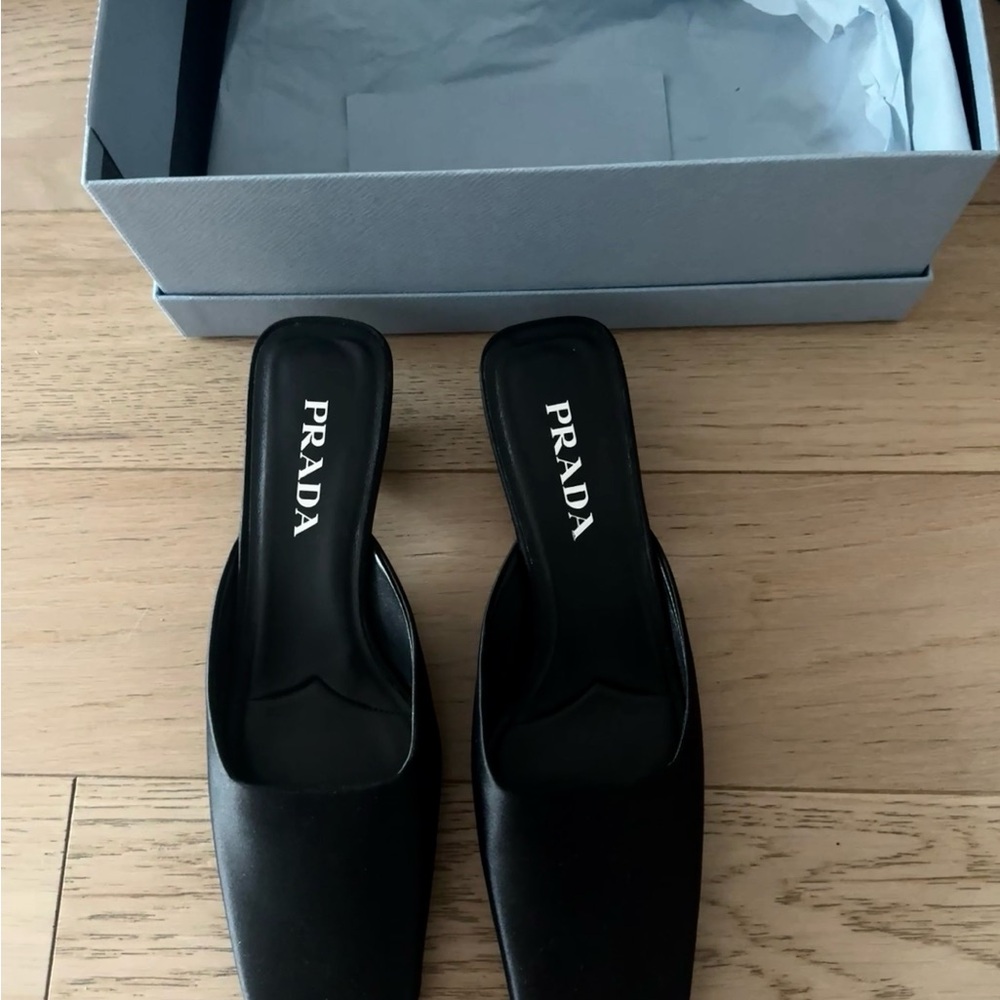 Prada Black Satin Square-Toe Mules - Picture 2 of 4